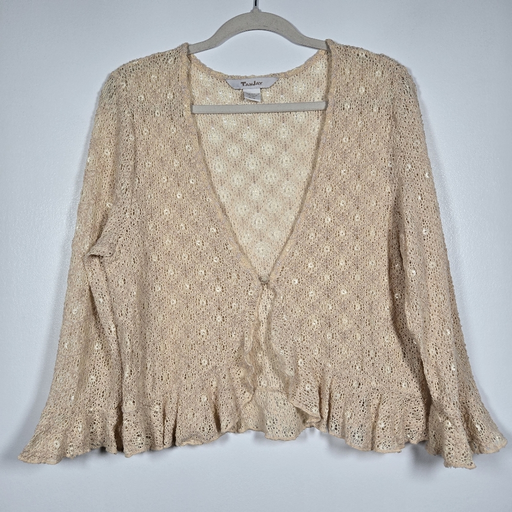 Y2K 90s Vintage TanJay Cream Crochet Romantic Ruffle Lace Flutter Sweater Medium